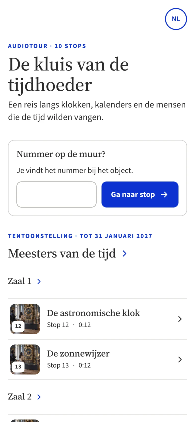 Het startscherm van de tour, met een vak om het nummer van het bordje in te typen en de lijst met stops