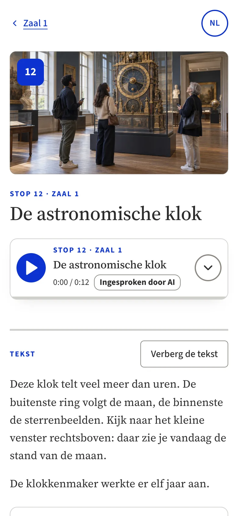A stop in the tour: The astronomical clock, with a play button and the text to read along