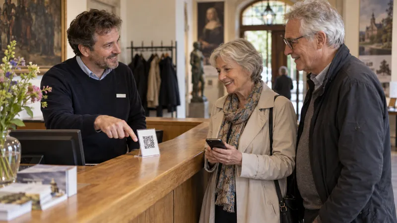 A member of staff at the museum front desk points a visiting couple to the QR code for the tour