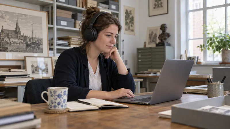 Een medewerker luistert met een koptelefoon een stop terug achter een laptop, in een museumkantoor