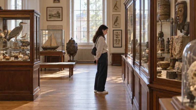 Ein Besucher hört an den Vitrinen in einem Museumssaal zu