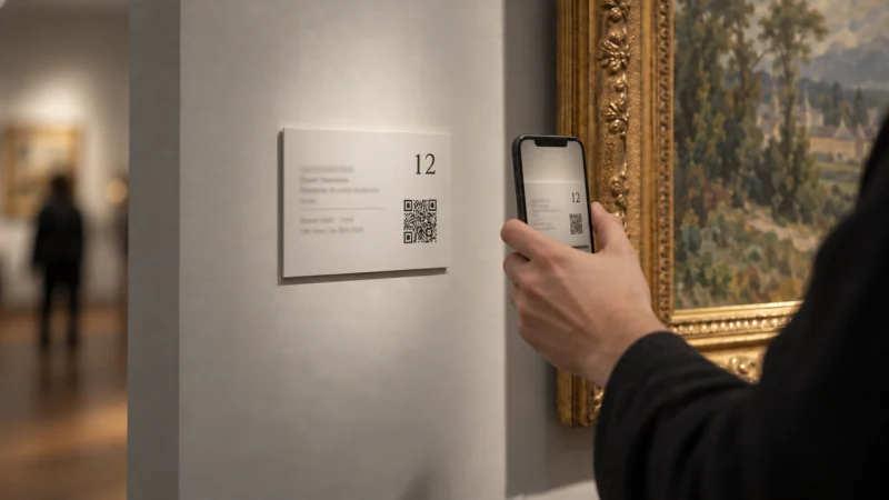 Ein Besucher scannt mit dem Handy den QR-Code auf dem Schild neben einem Gemälde