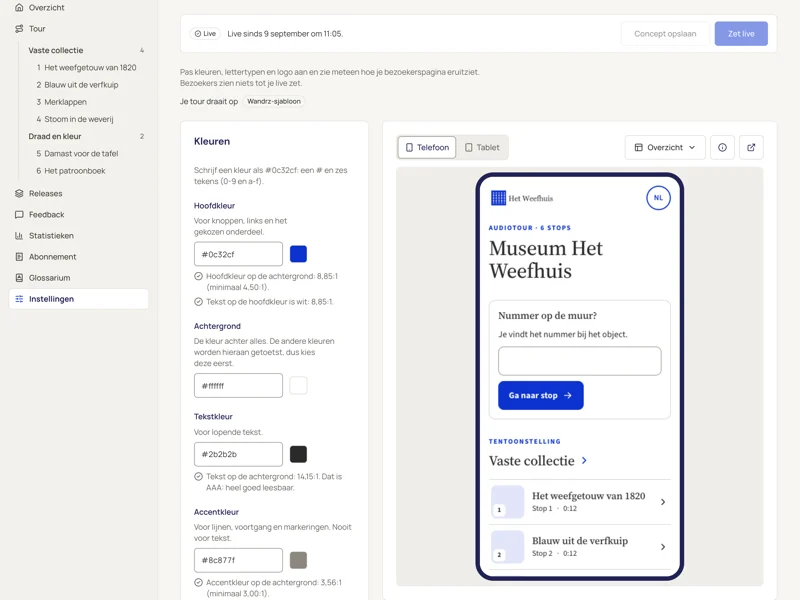 Die Design-Einstellungen im Dashboard, mit der Live-Vorschau auf einem Handy