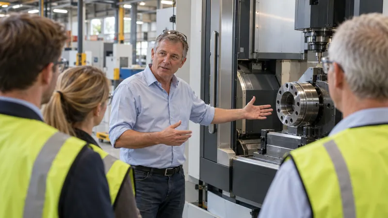 Een directeur vertelt bezoekers een verhaal bij een machine in een productiehal