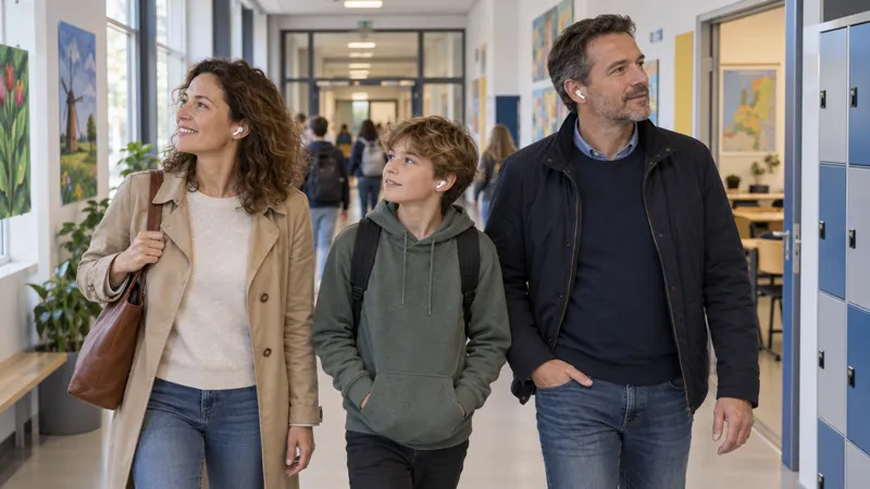 Parents and a new pupil walk down a school corridor during an open day, listening with earphones