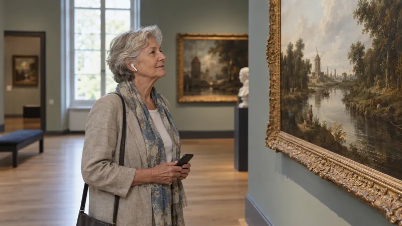 An older visitor listens with earphones by a painting in a quiet museum gallery