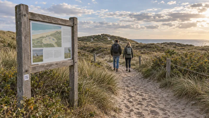 An information panel at the start of a walking route through the dunes