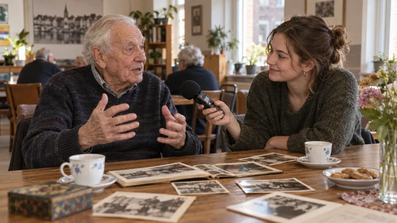 An older resident tells a story in a community centre while a volunteer listens and records it