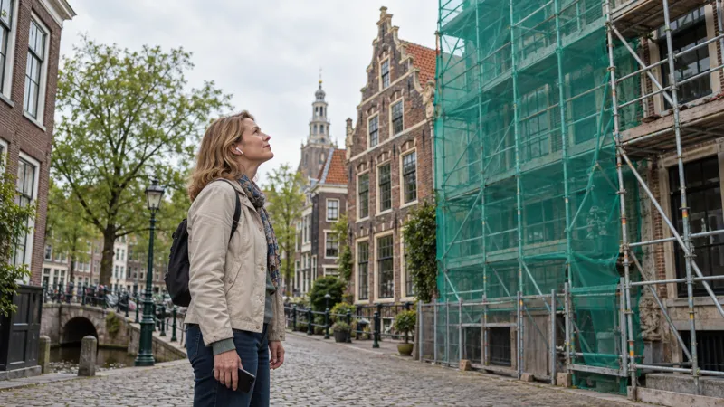 Scaffolding in front of a historic façade in a city centre, with a walker wearing earphones looking up