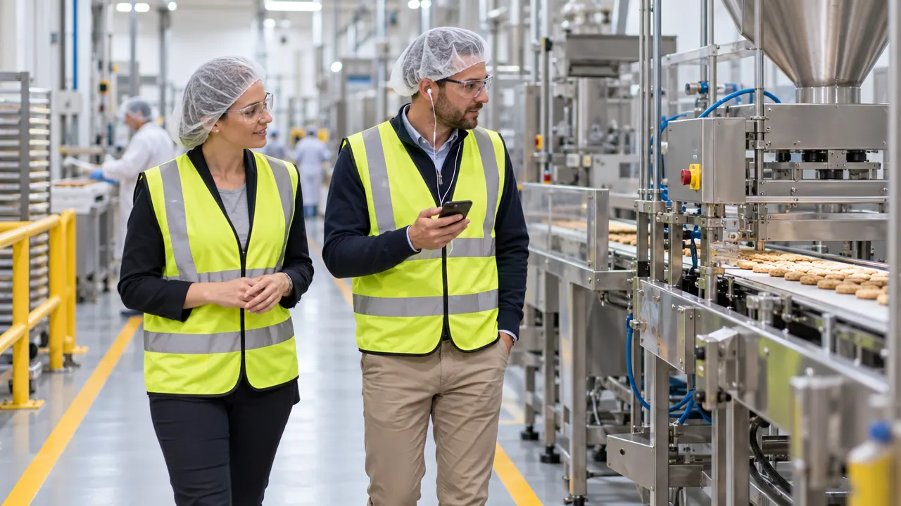 Twee bezoekers in hesjes luisteren tijdens een rondleiding door een fabriekshal