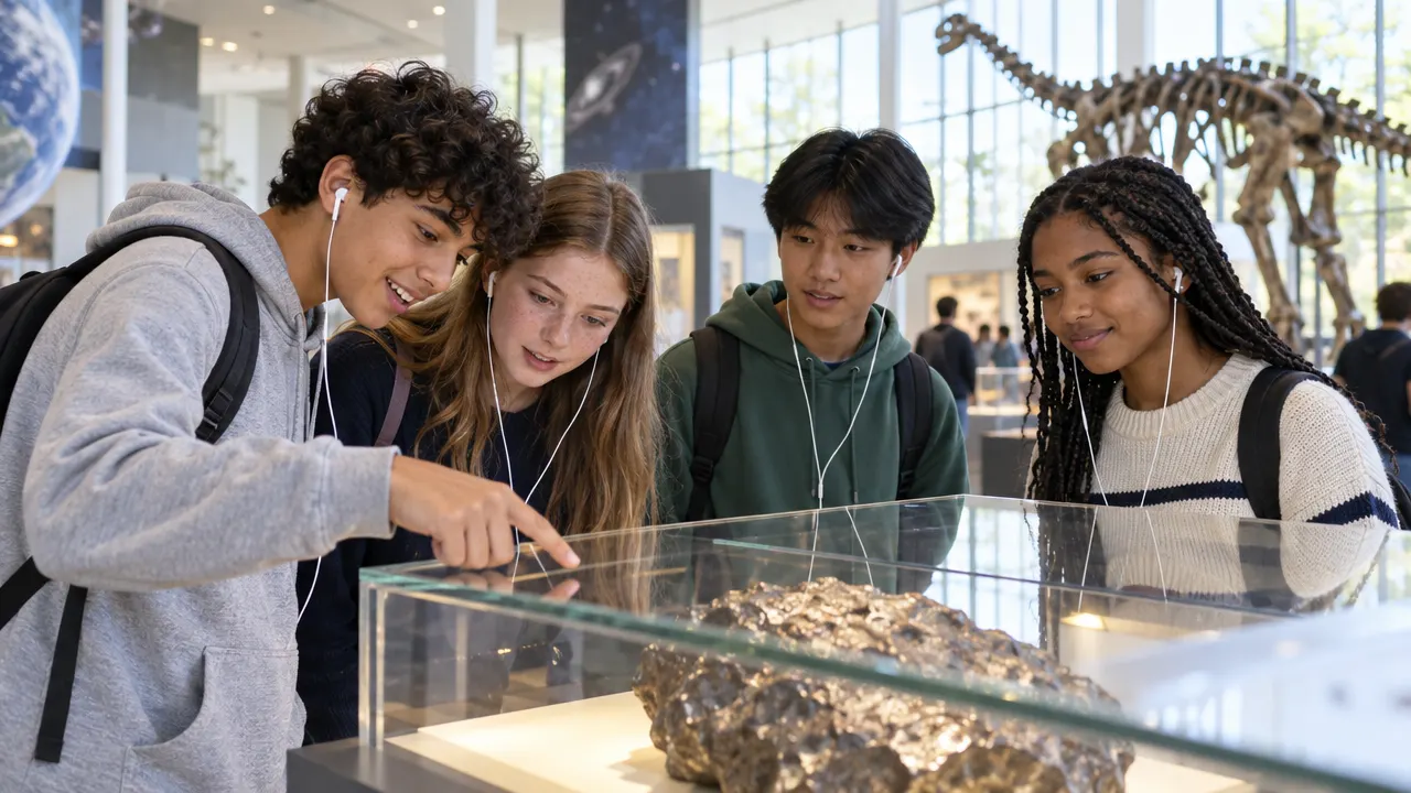 Scholieren luisteren met oortjes bij een vitrine