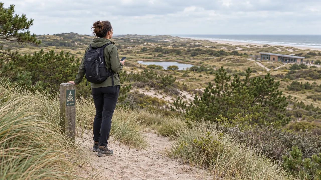 Een wandelaar luistert bij een paaltje op een duinpad