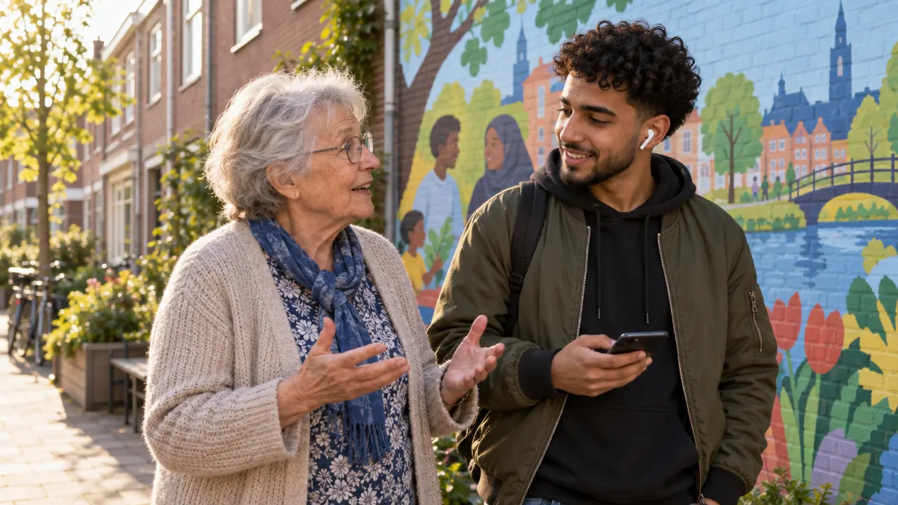 Een bewoner vertelt een buurtgenoot over de muurschildering in de wijk