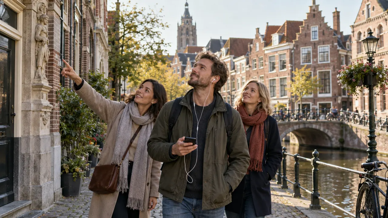 Wandelaars luisteren en kijken omhoog langs een gracht in een historische binnenstad